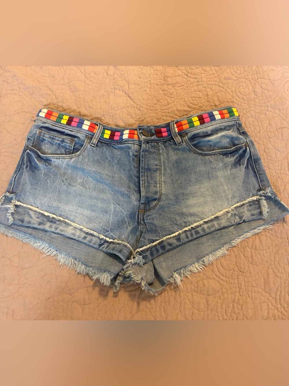 Free People Women’s Size 29 Distressed Denim Cutoff Shorts Rainbow Embroidered
